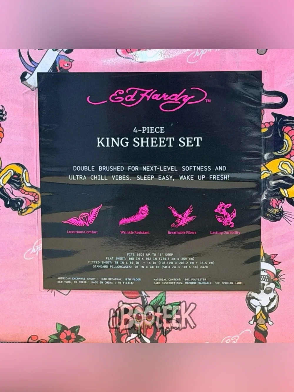 Ed Hardy 4 Piece King Size Sheet Set Pink Flash Tattoo Print NEW VIRAL Y2K